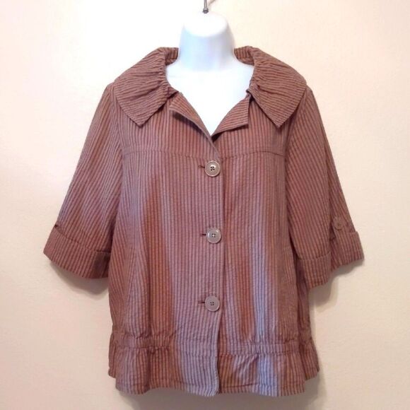 DARJONI Lightweight Cocoa Brown Button-Up Jacket Ruffle Collar 3/4 Sleeve Sz M - Picture 1 of 7